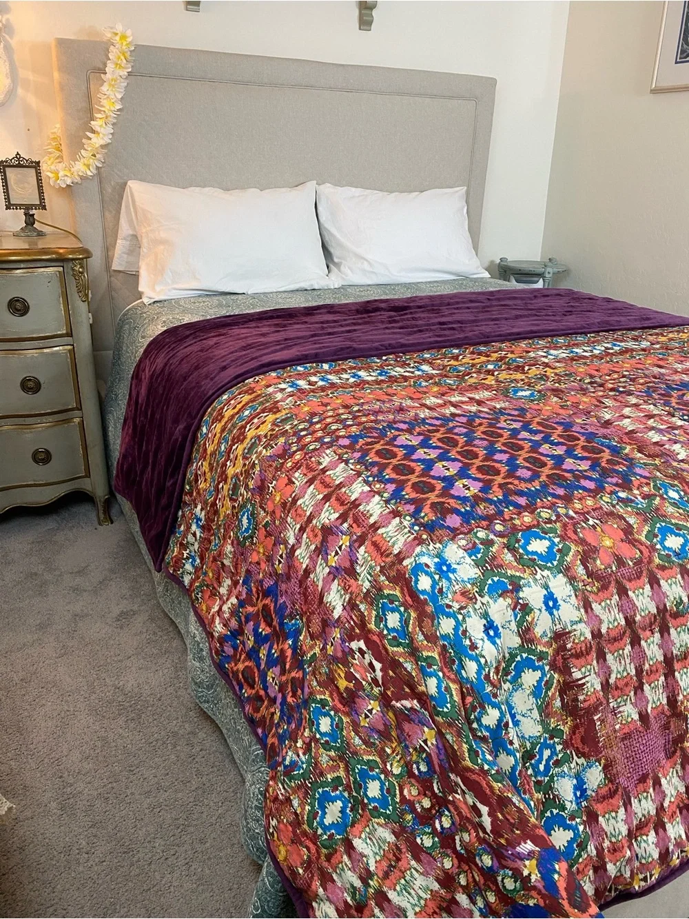 Velvet bedspread Reversible purple/ multi colored BOHO